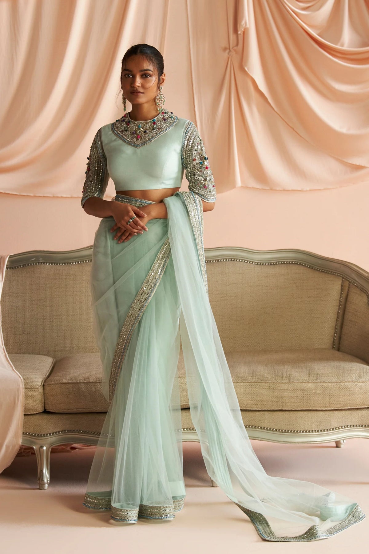 Powder Blue Net Embroidered Saree Set