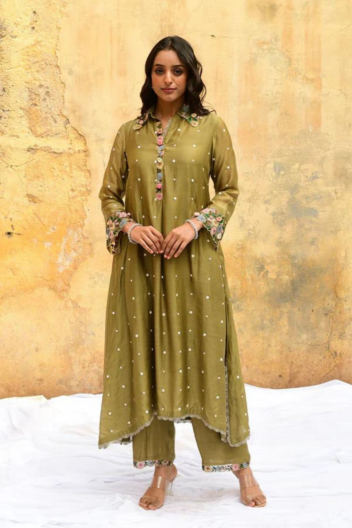 Olive Green Orchid Collar Kurta Set