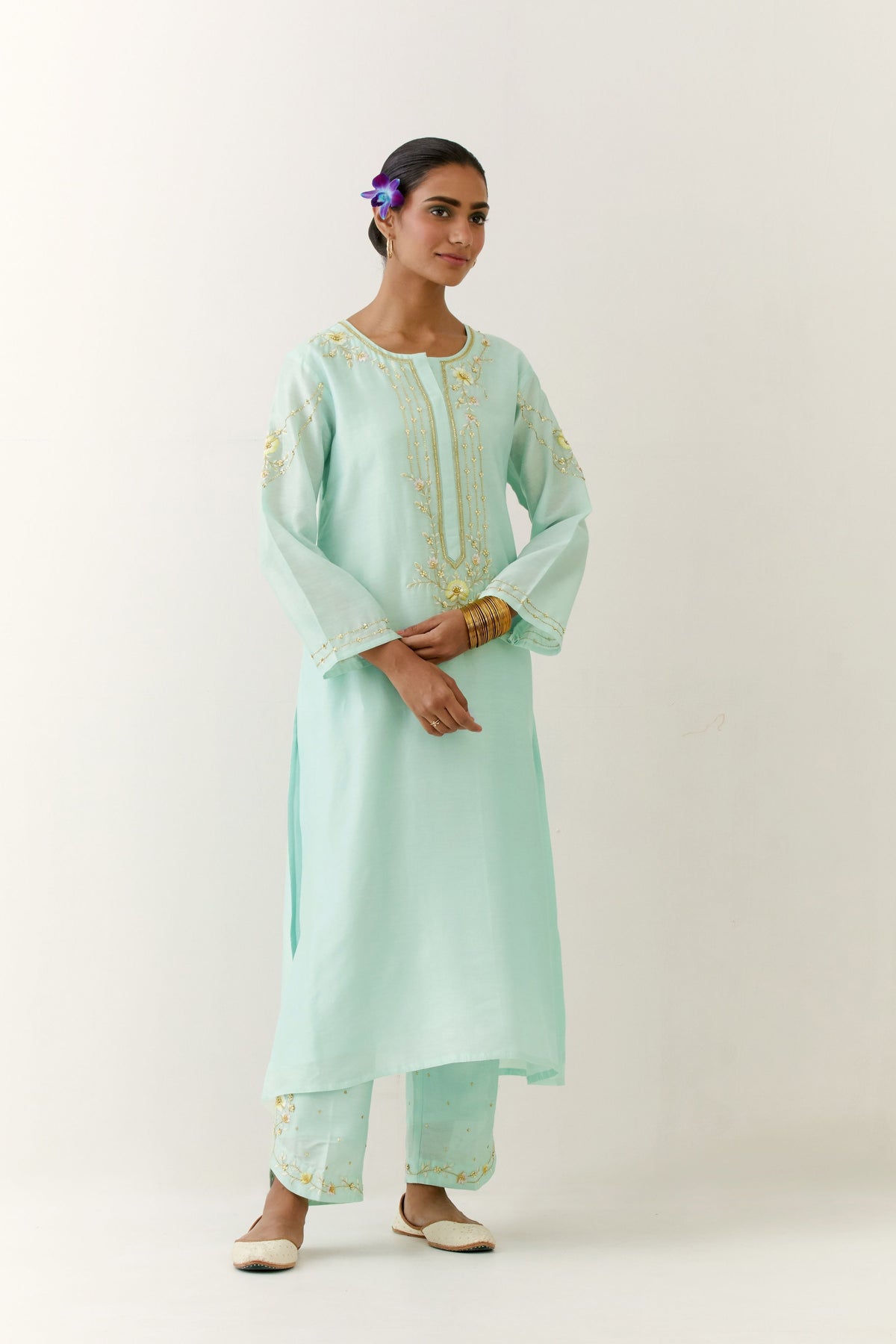 Mint Hand Embroidered Kurta Set