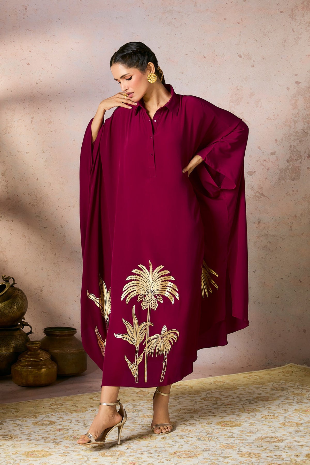 Cranberry Palm Foil Print Kaftan