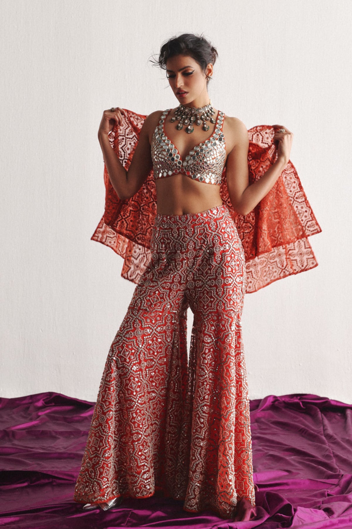 Embellished Mirrorwork Red Sharara