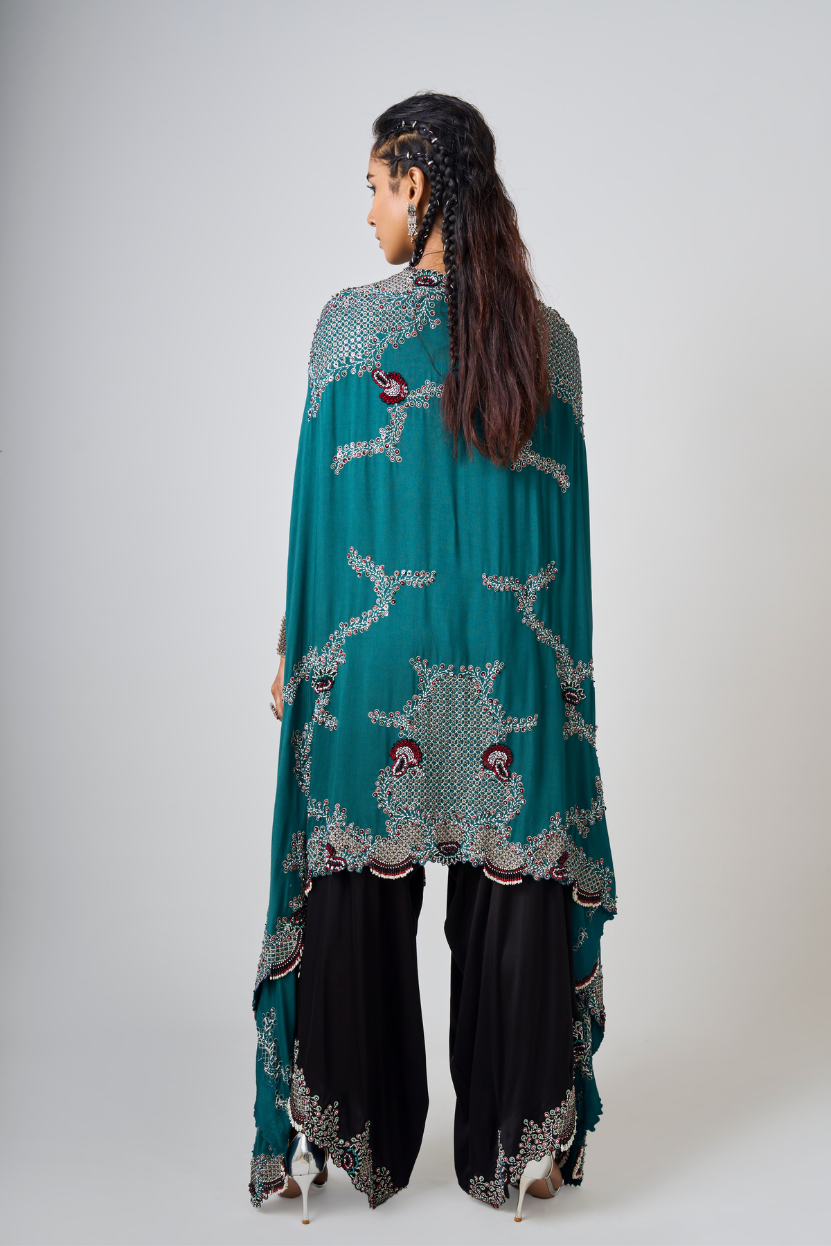 Teal Embroidered Cape With Pant