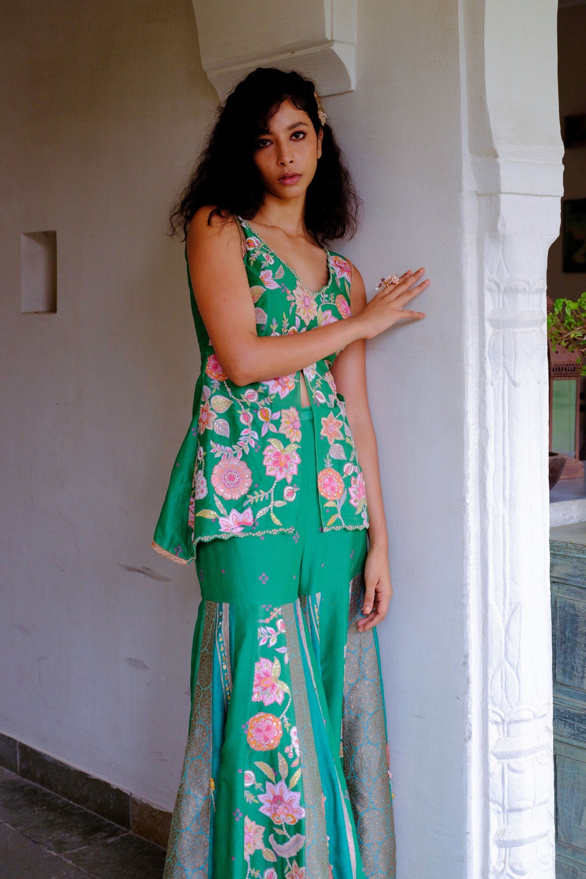 Green Floral Peplum Sharara Set