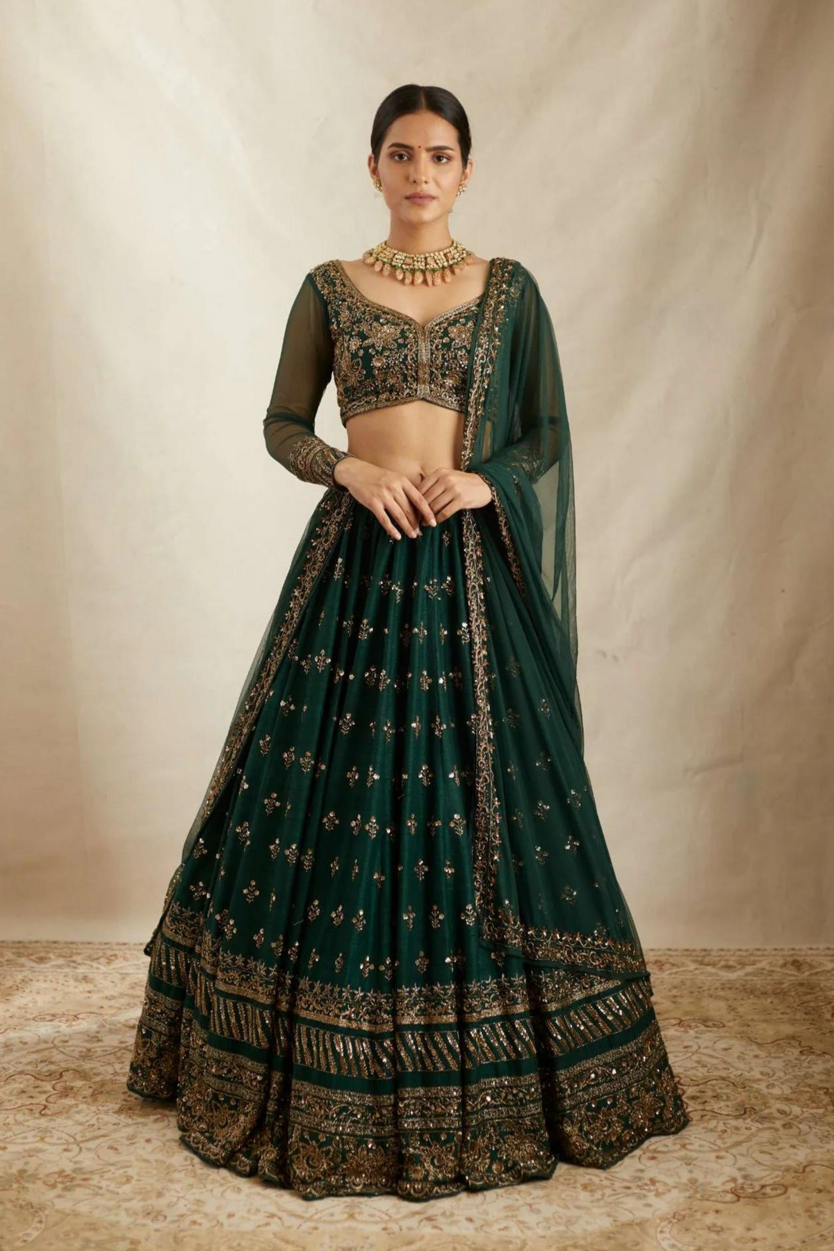 Emerald Green Raw Silk Lehenga Set