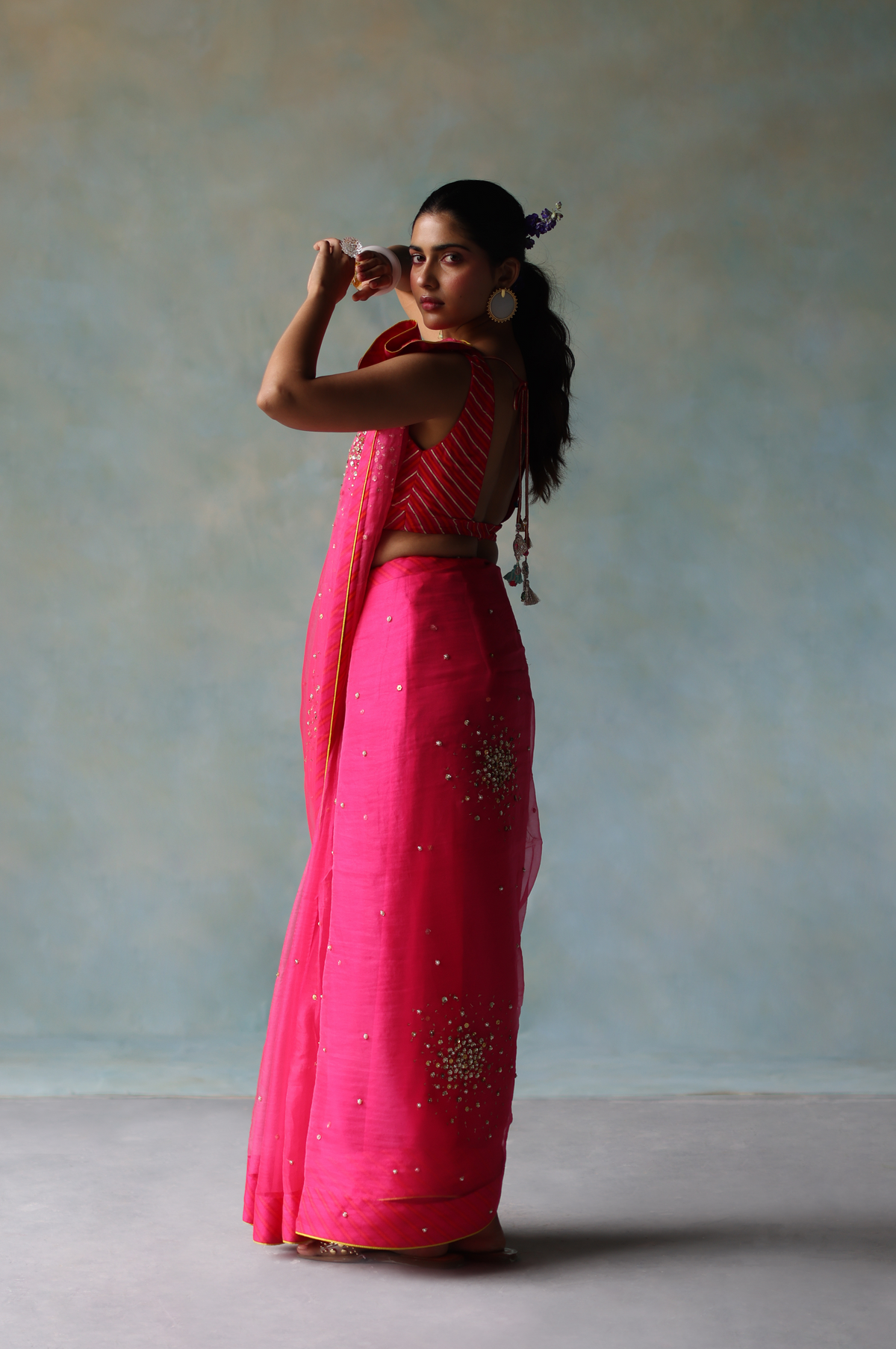 Gul Hot Pink Sequin Flower Sari