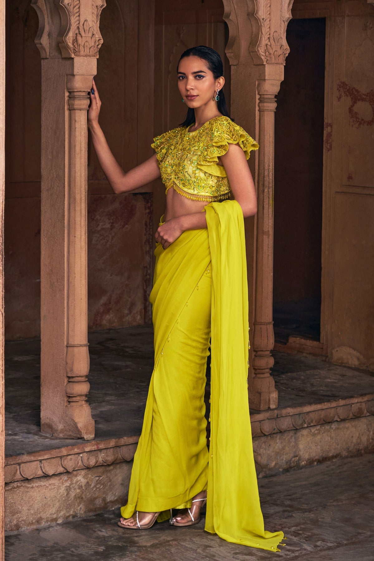 Yellow Embroidered Saree Set