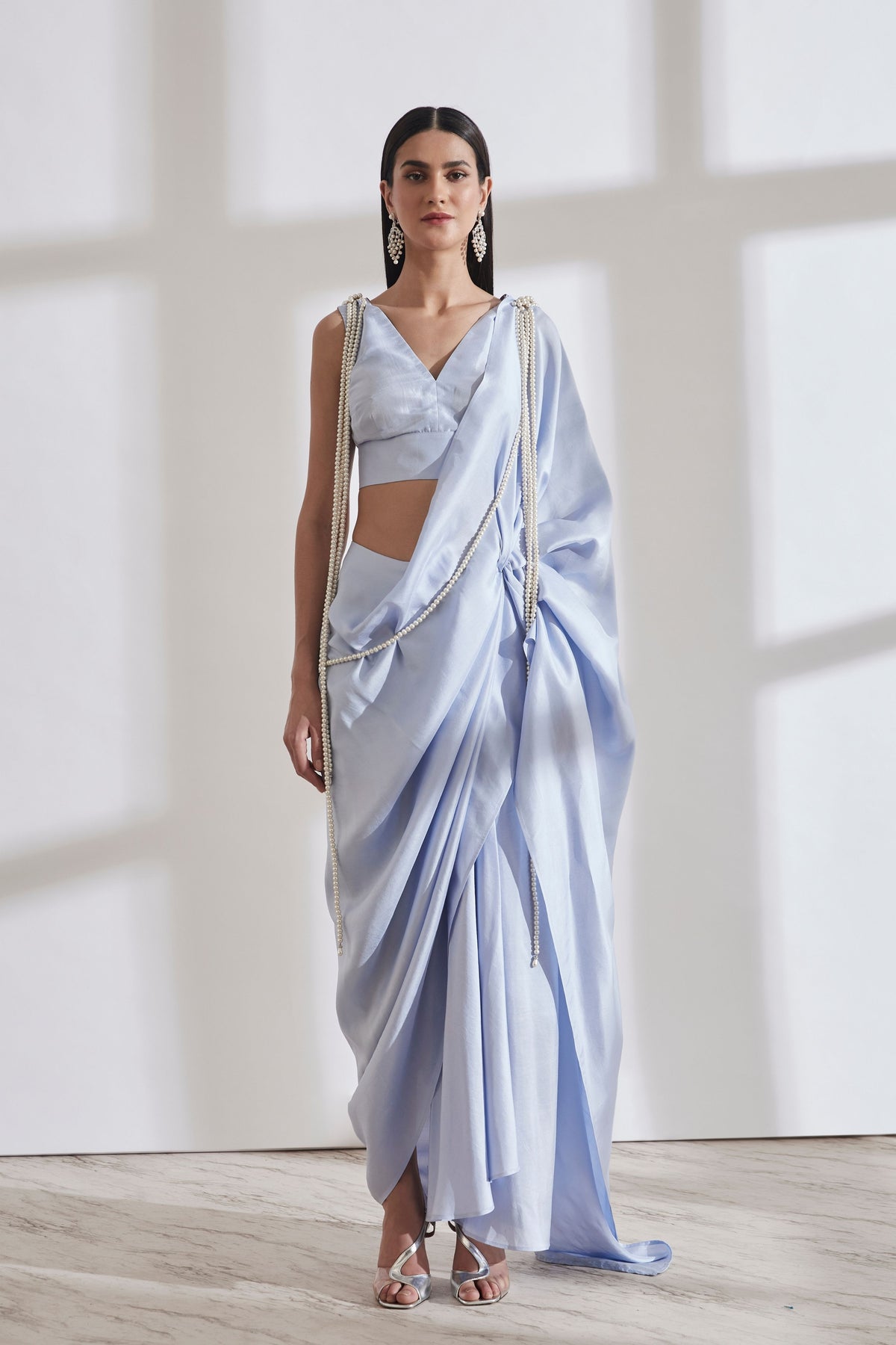 Masai Godet Blue &amp; White Sari