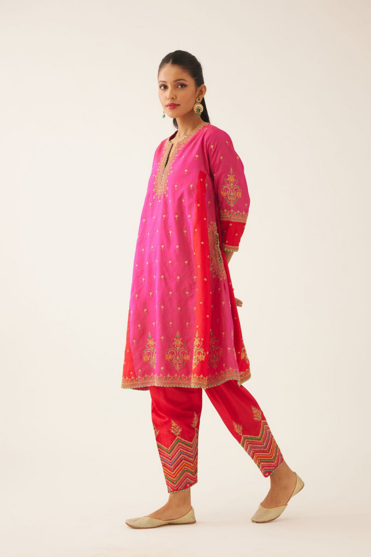 Red &amp; Fuchsia Silk Kalidar Kurta Set