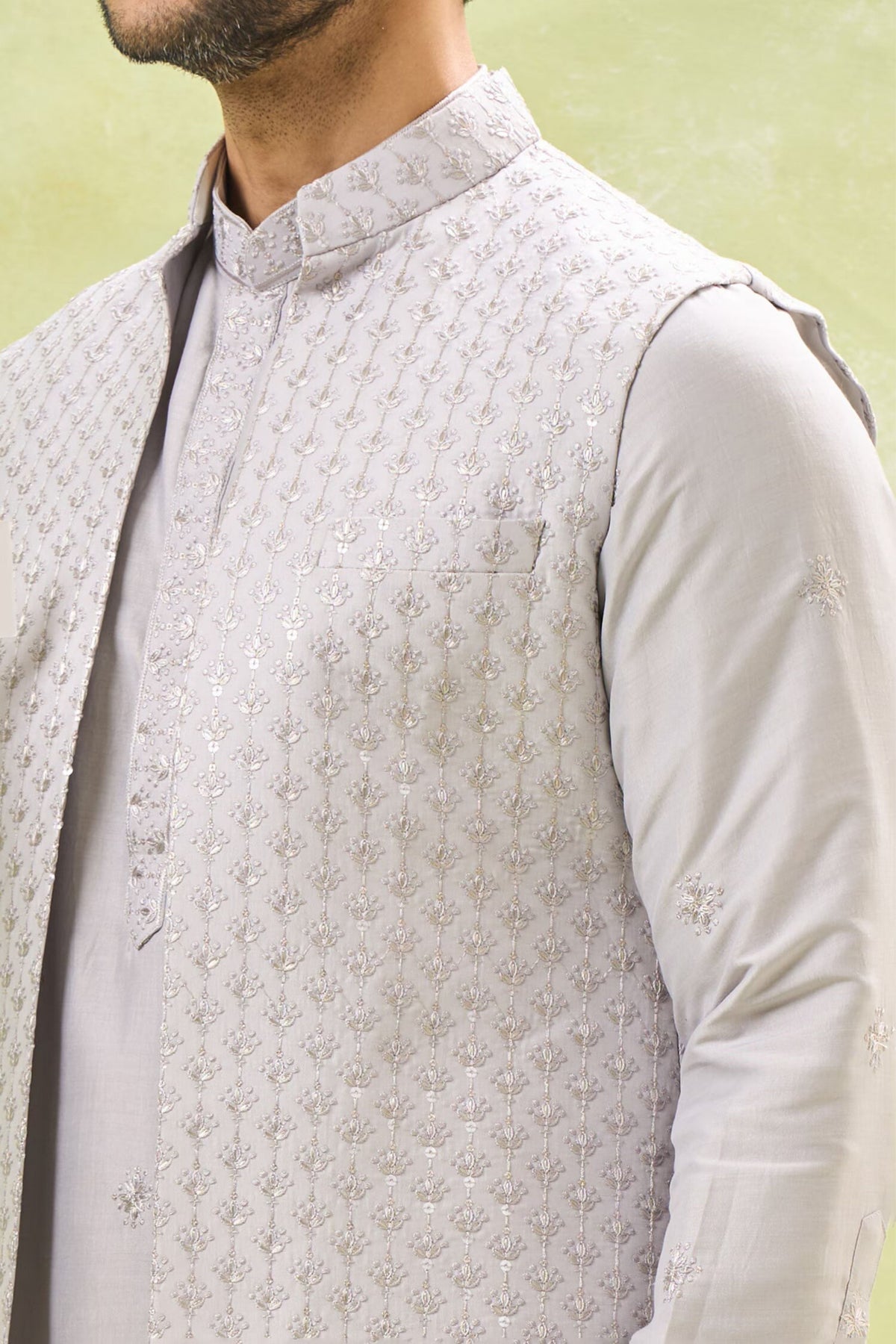 Grey Embroidered Nehru Jacket Set