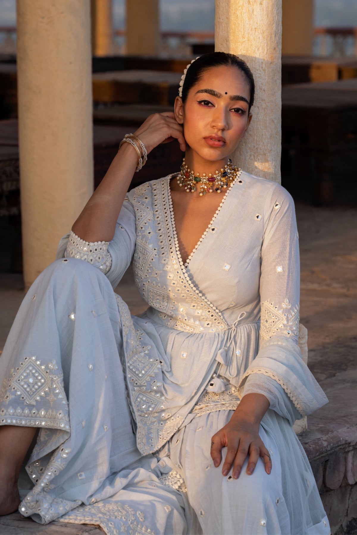 Ice Blue Diamond Sharara Set