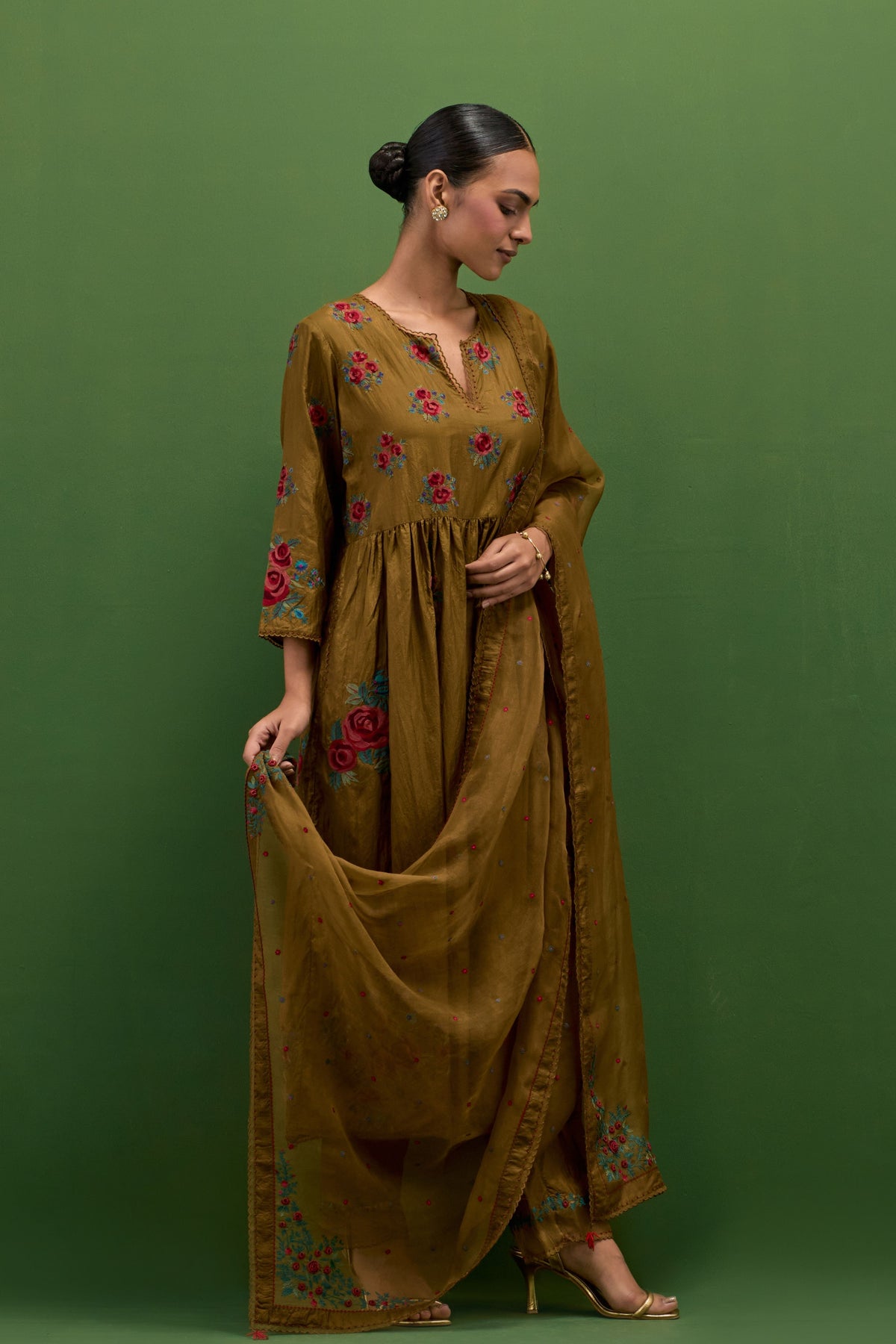 Golden Olive Floral Kurta Set