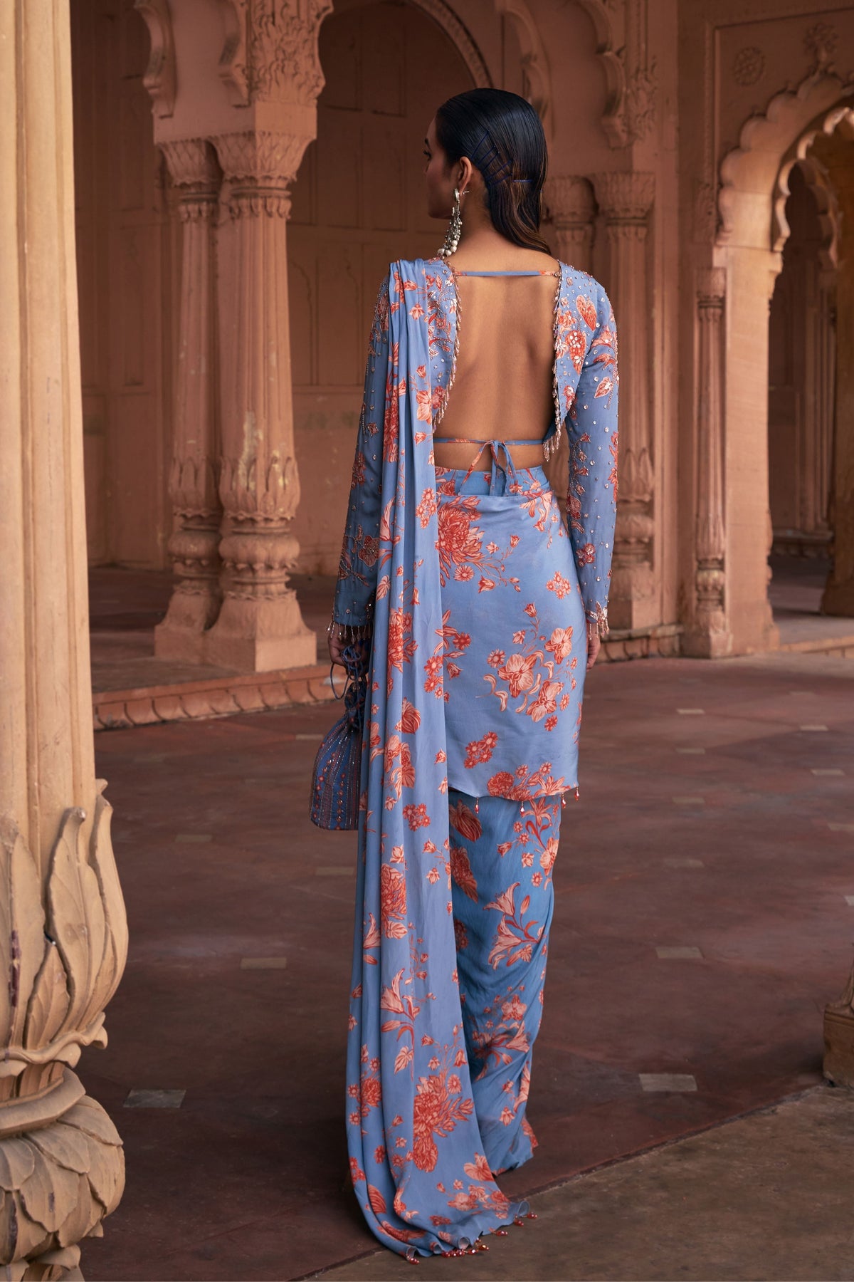 Slate Blue Floral Draped Saree Set