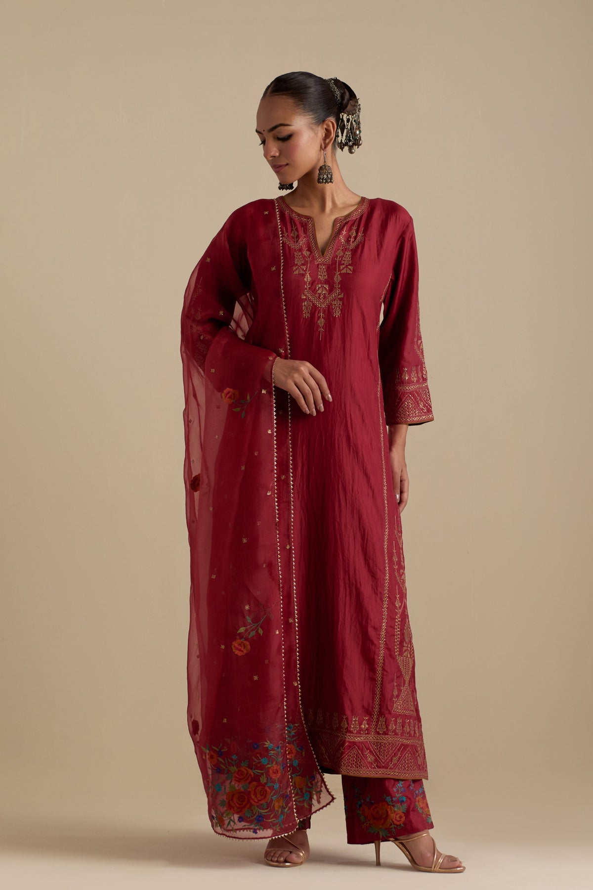 Barn Red Silk Straight Kurta Set