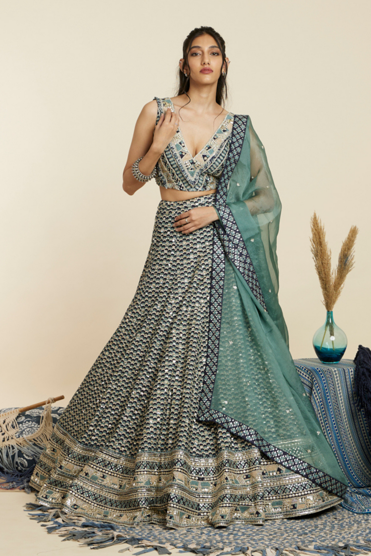 Blue Embellished Bridal Lehenga Set