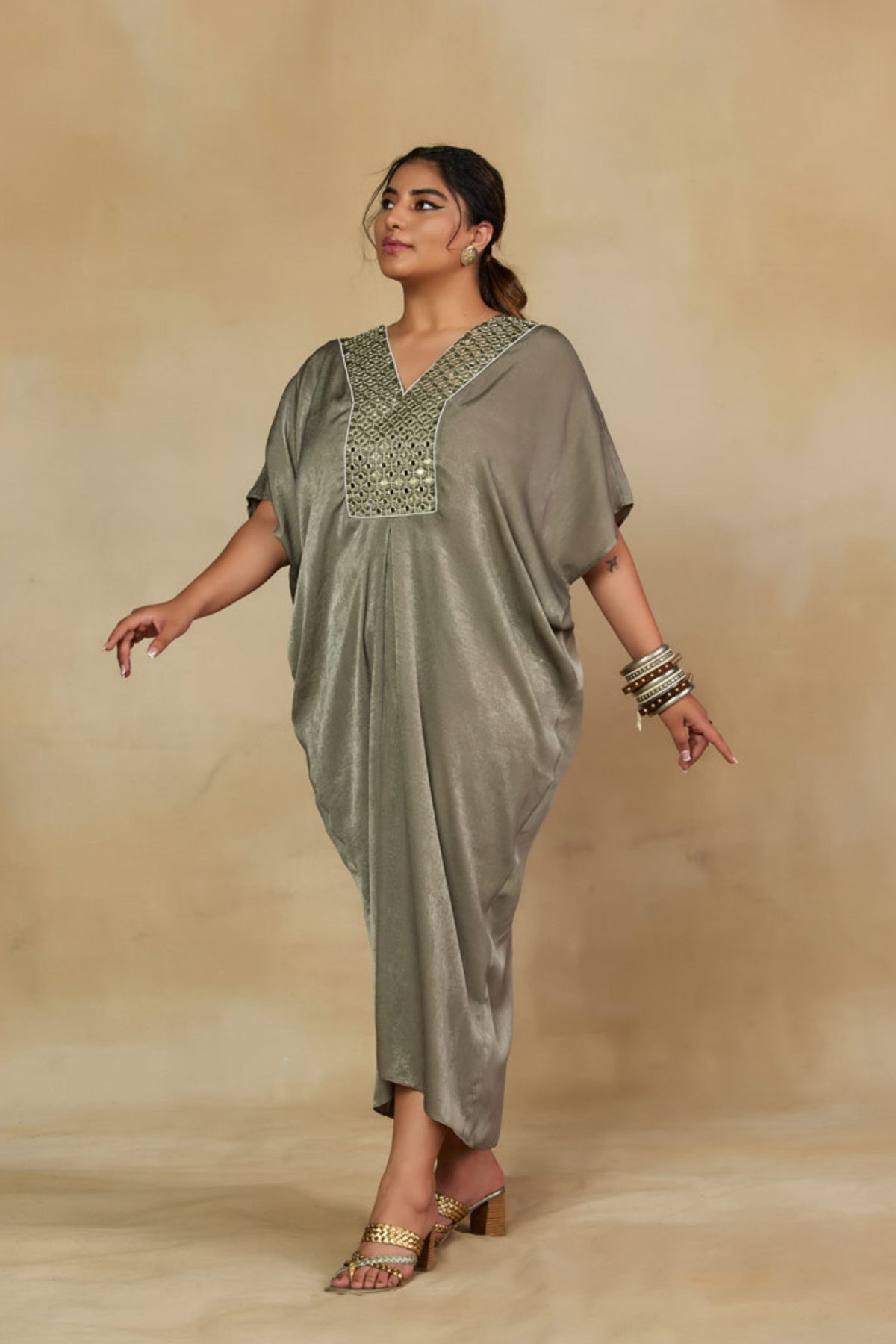 Moss Green Mirror Work Kaftan Dress