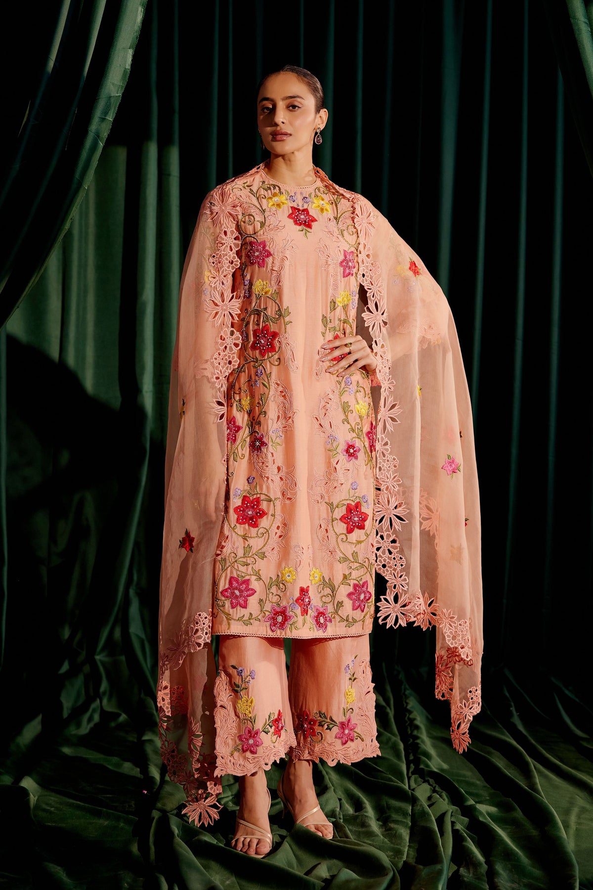 Apricot Floral Embroidered  Dupatta