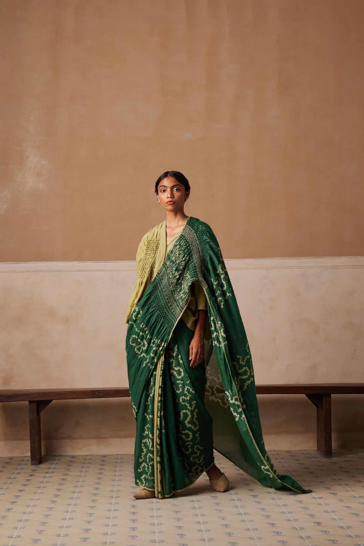 Emerald Spiral Smocked Saree