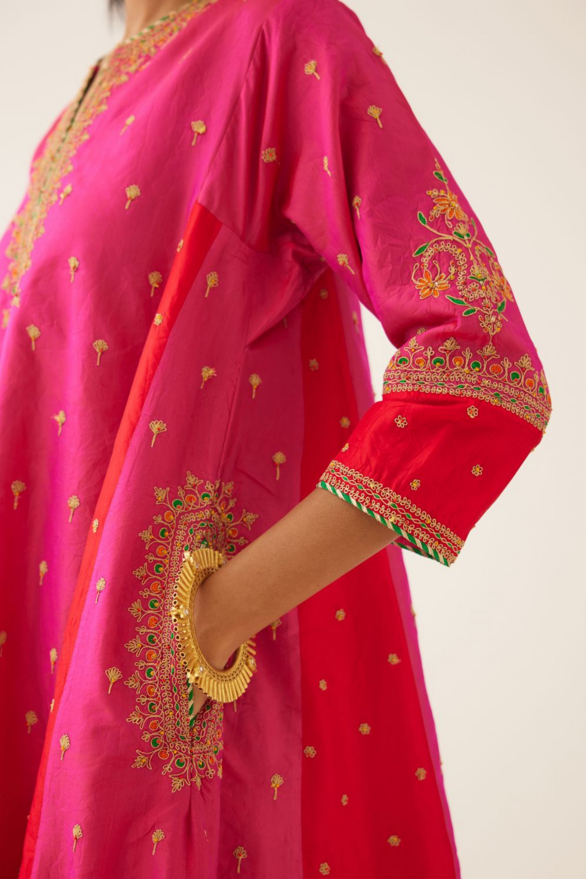 Red &amp; Fuchsia Silk Kalidar Kurta Set