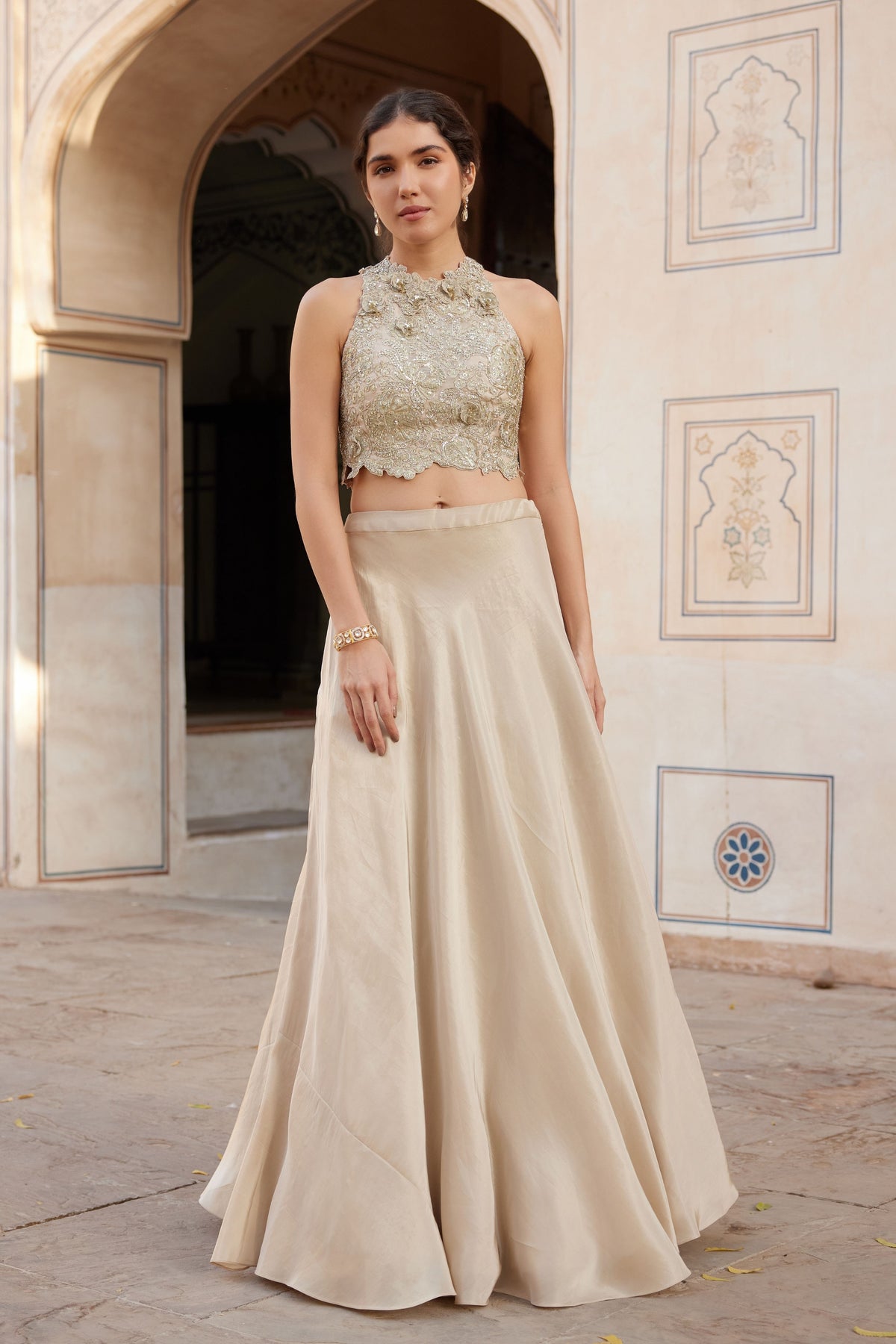 Beige Champagne Embroidered Top and Skirt