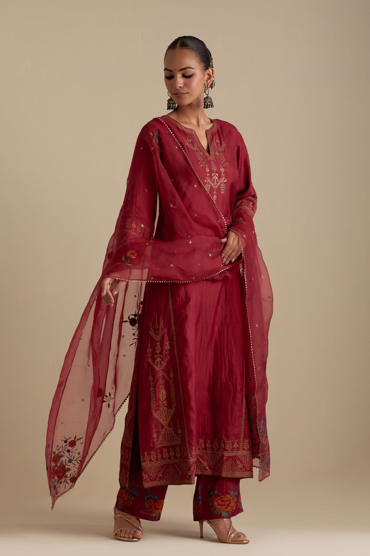 Barn Red Silk Straight Kurta Set