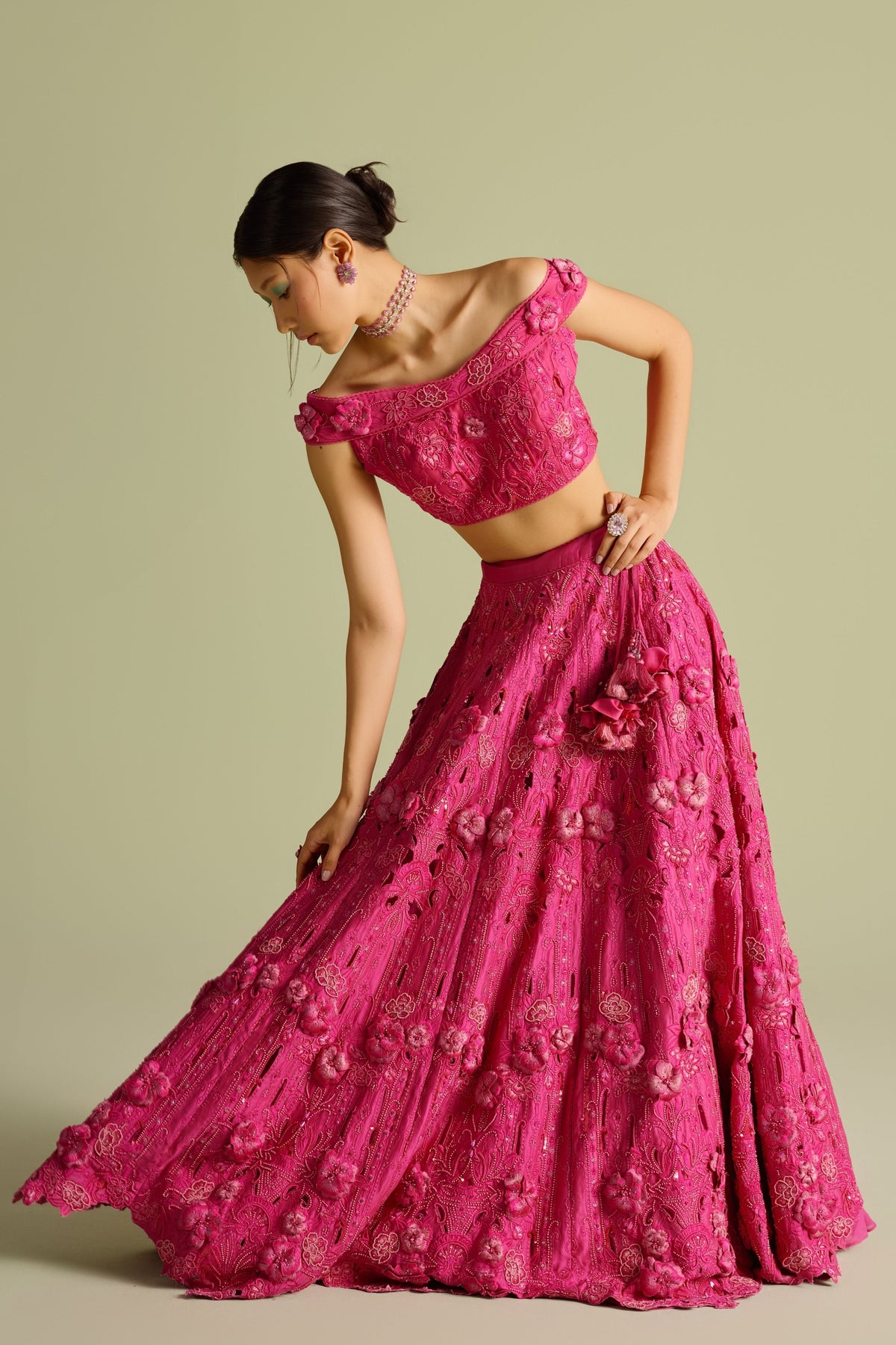 Pink 3d Applique Lehenga