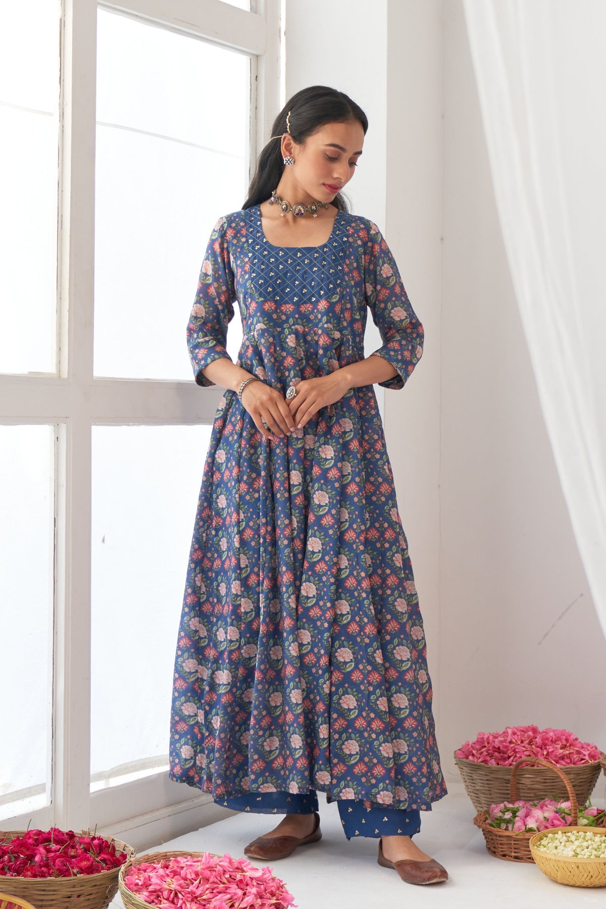 Blue Peony Embroidered Anarkali Set