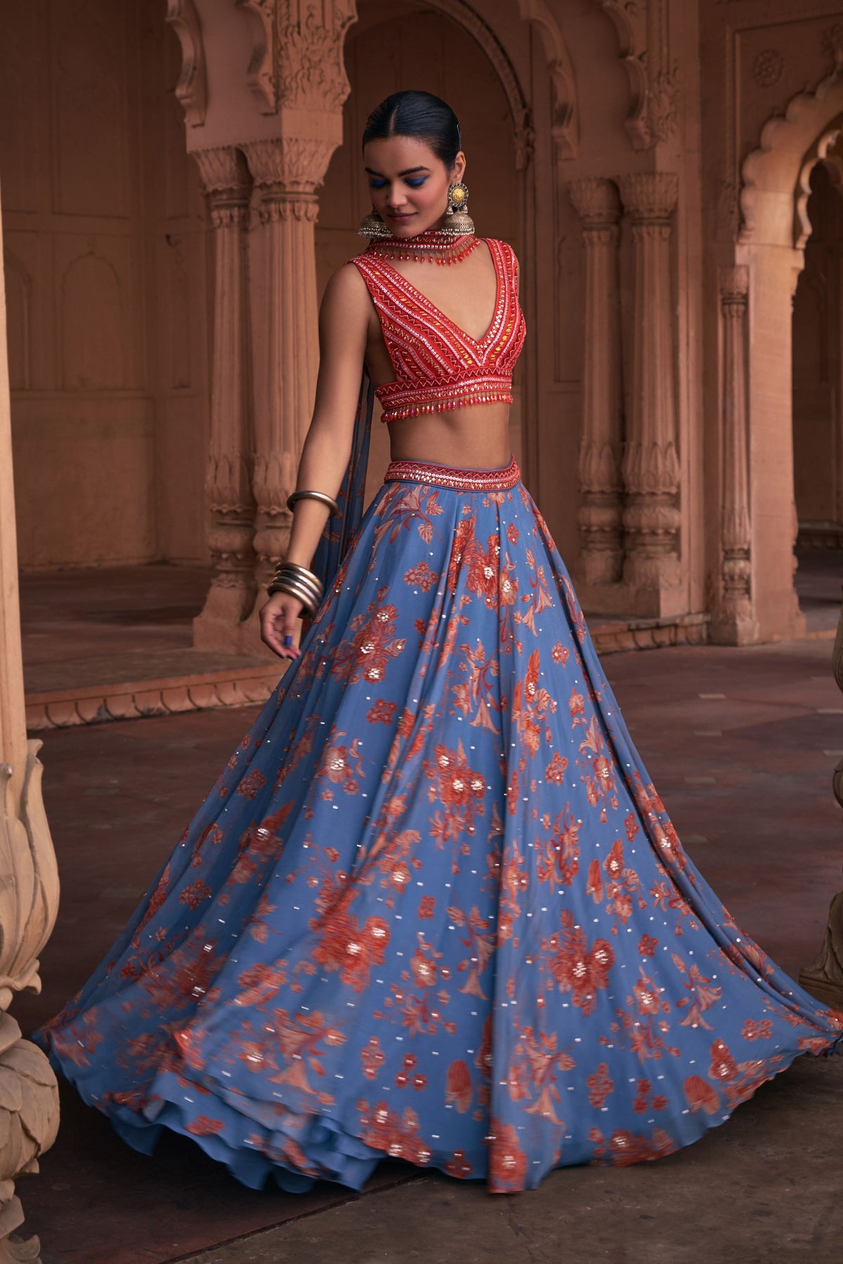 Slate Blue Embroidered Lehenga Set