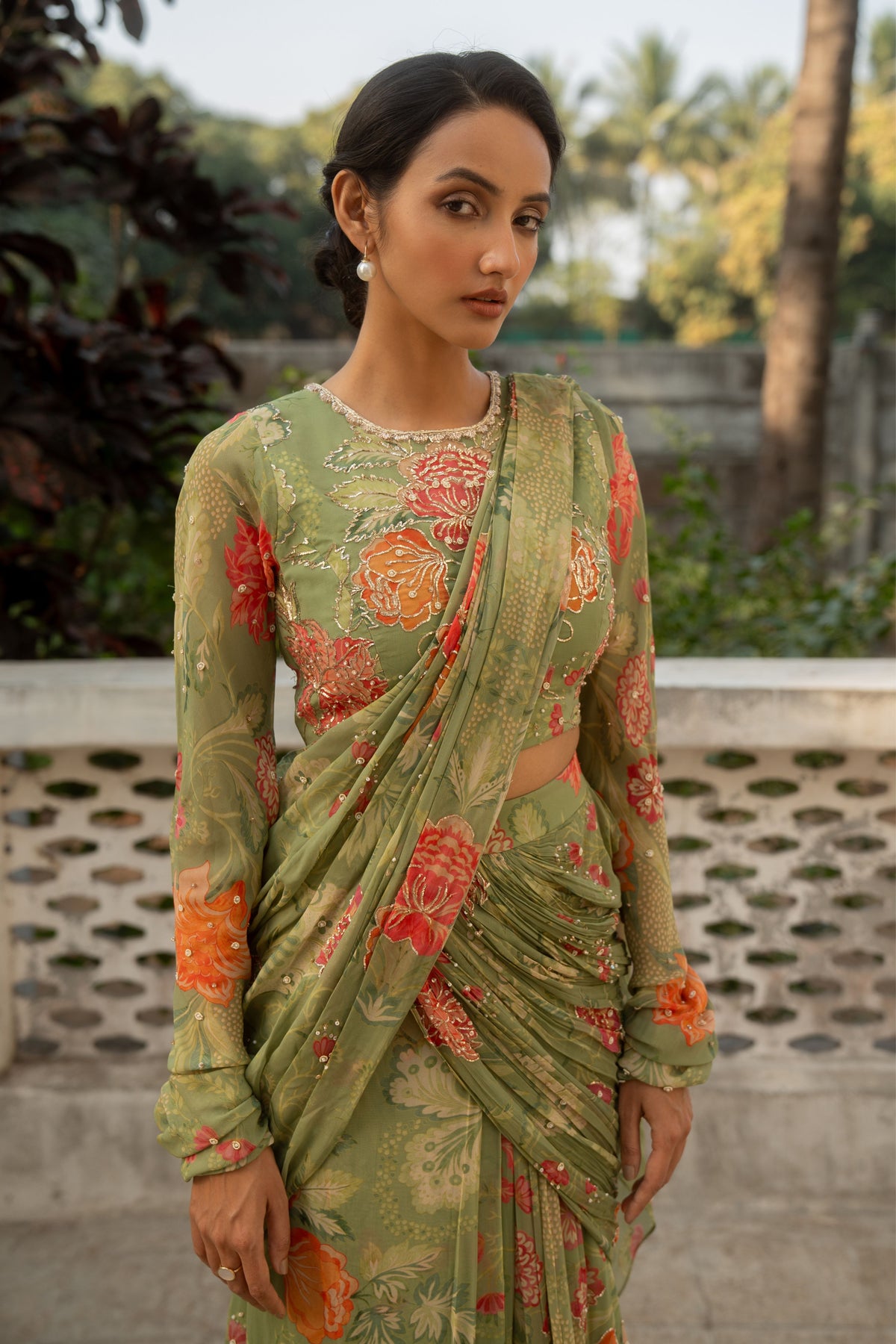 Sage Green Printed Saree Set