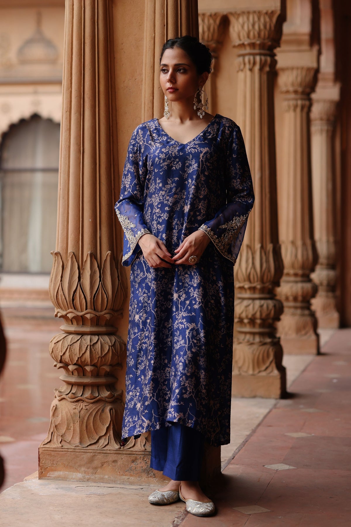 Solid Blue Printed Kurta Set