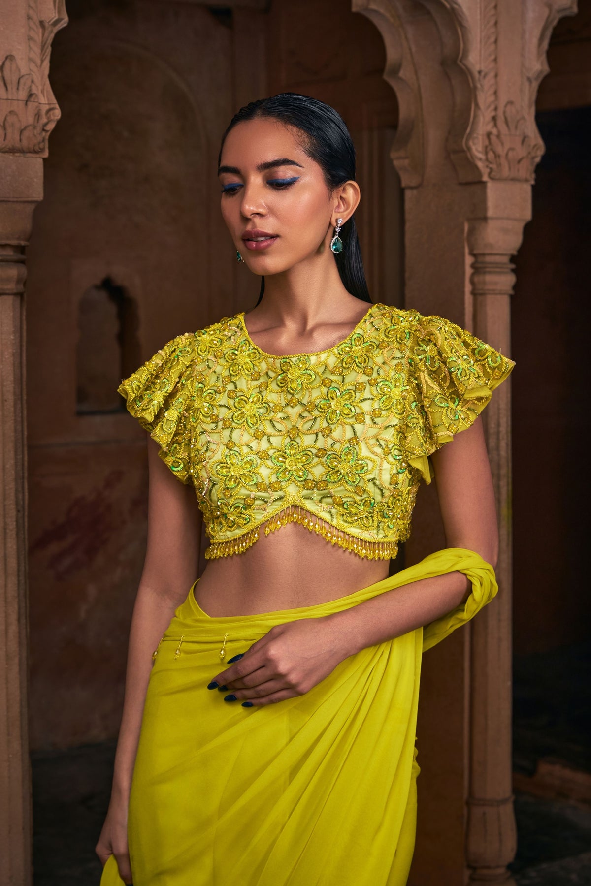 Yellow Embroidered Saree Set