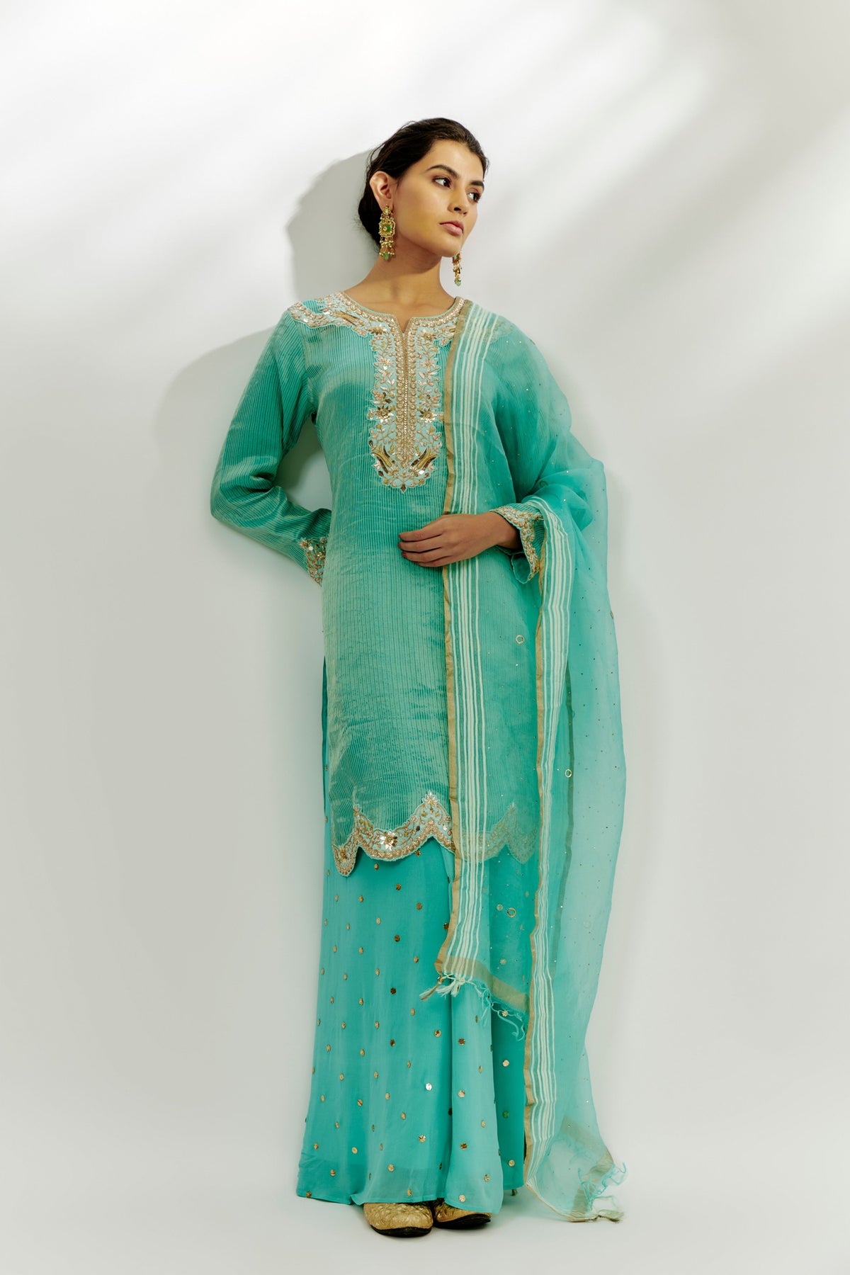 Cyan Blue Embroidered Kurta Pallazzo Set