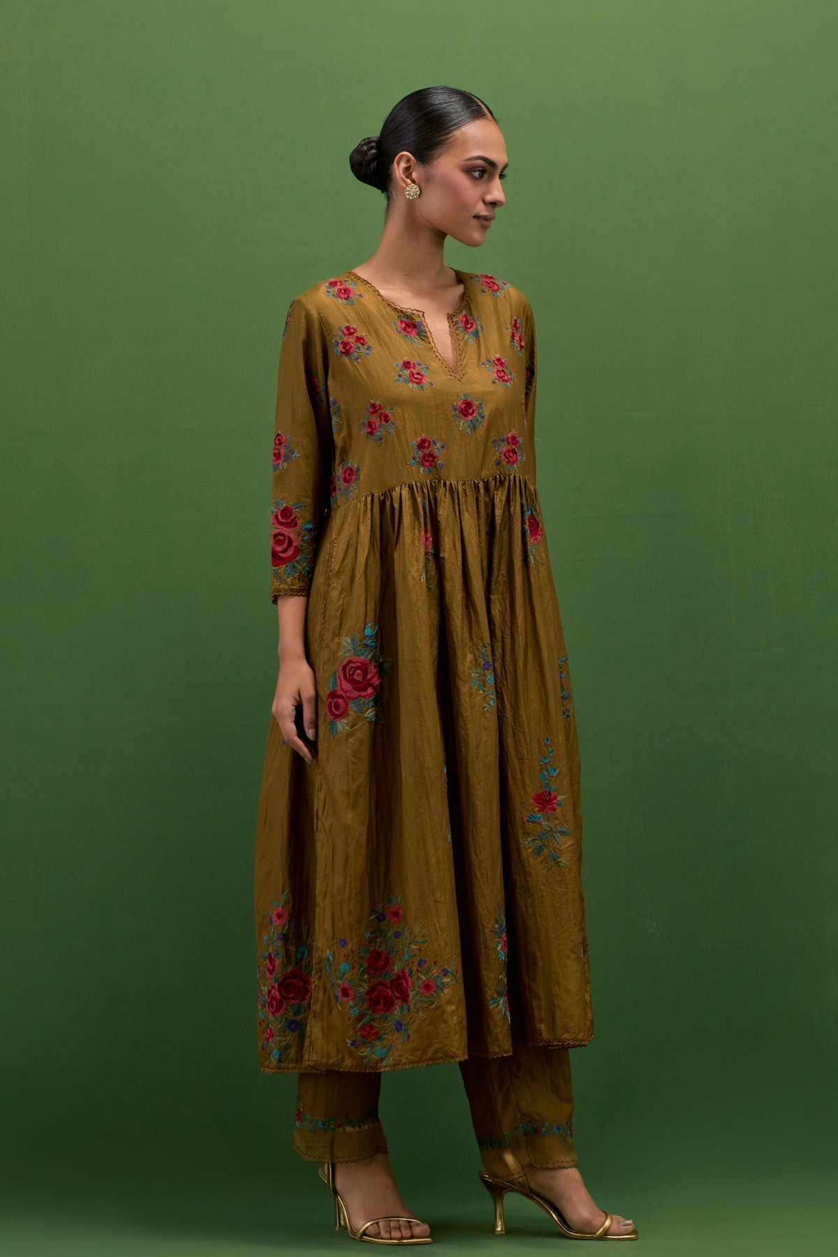 Golden Olive Floral Kurta Set