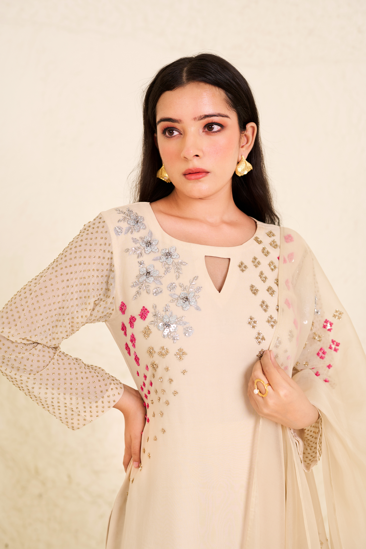 Georgette Kurta With Gold And Silver Handwork