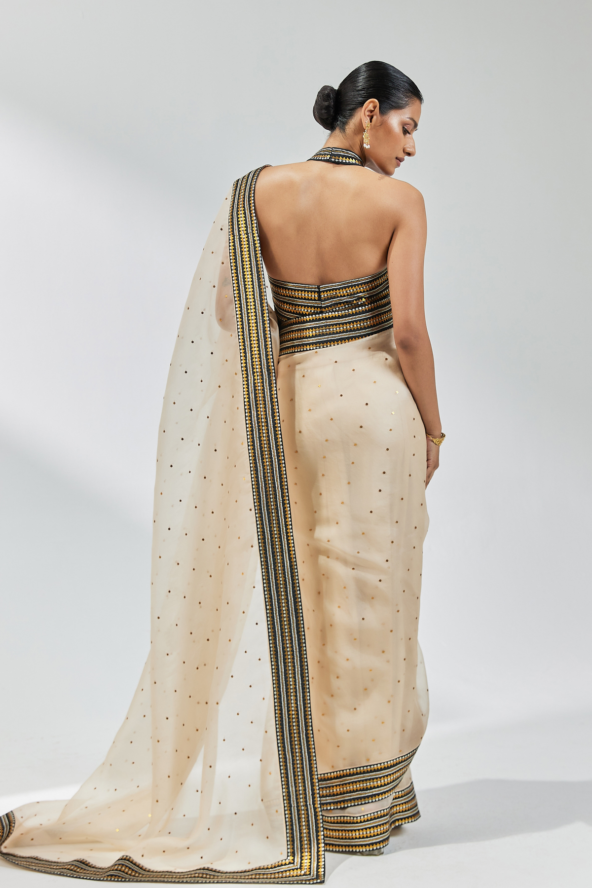 Beige And Black Embroidered Saree Set