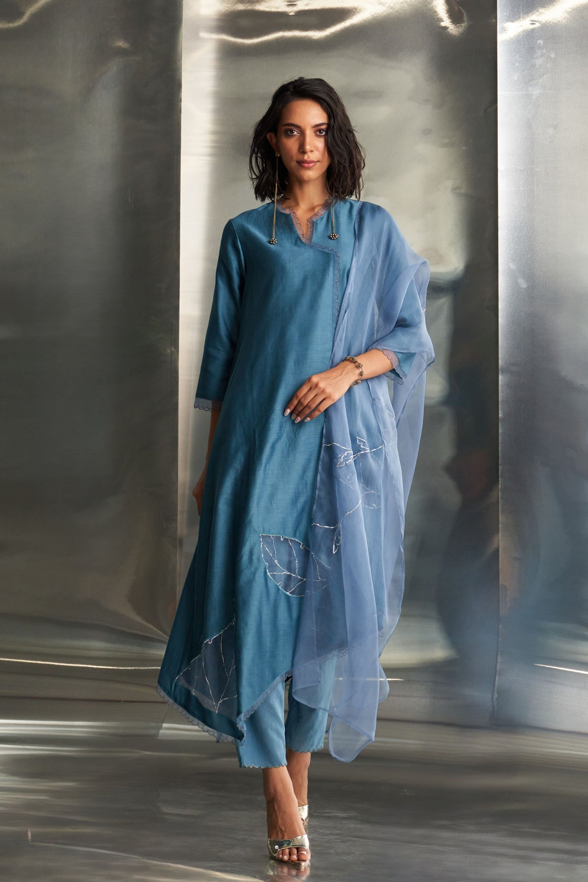 Steel Blue Asymmetrical Kurta Set