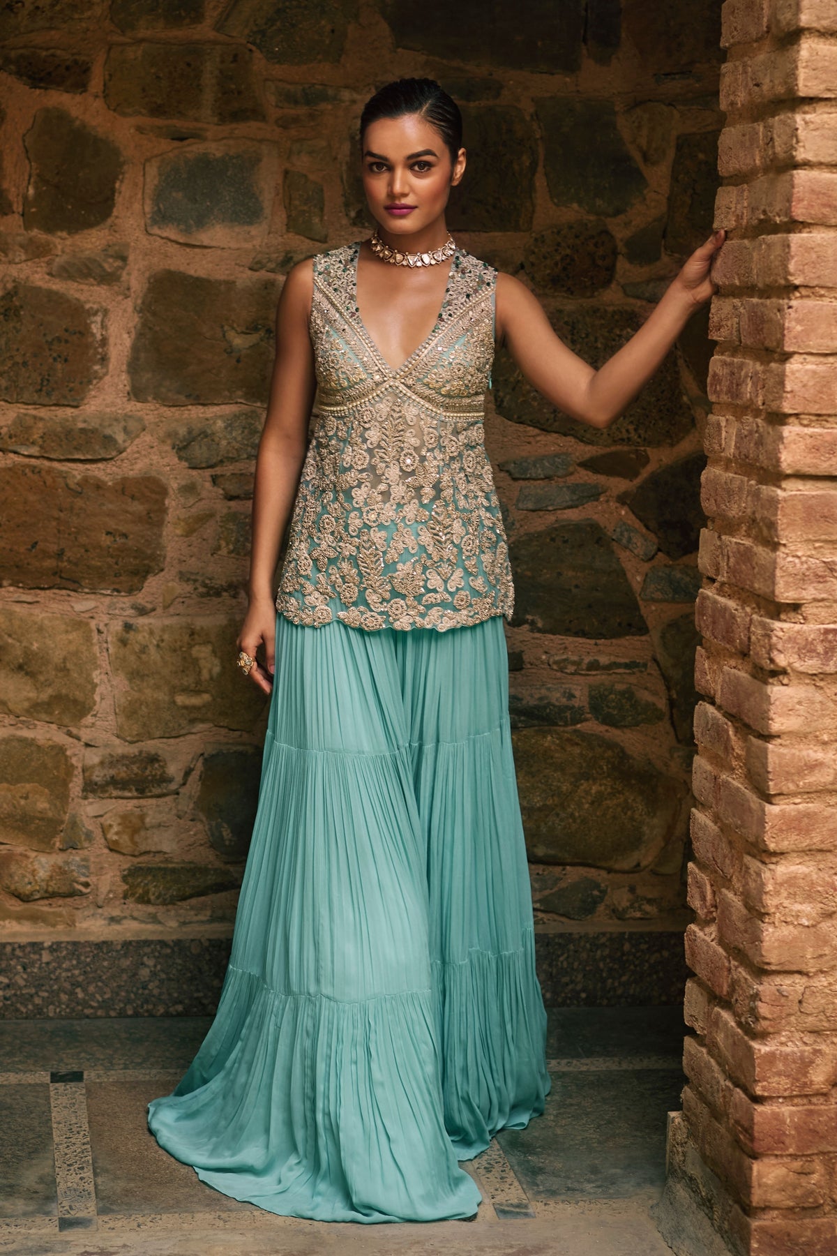 Coral Blue Embroidered Sharara Set