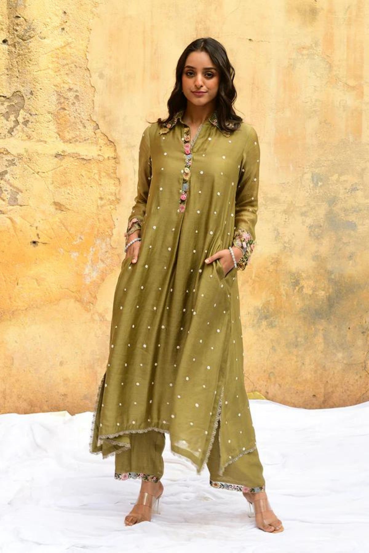 Olive Green Orchid Collar Kurta Set