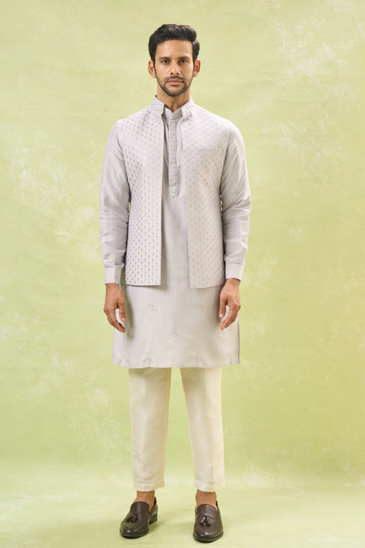 Grey Embroidered Nehru Jacket Set