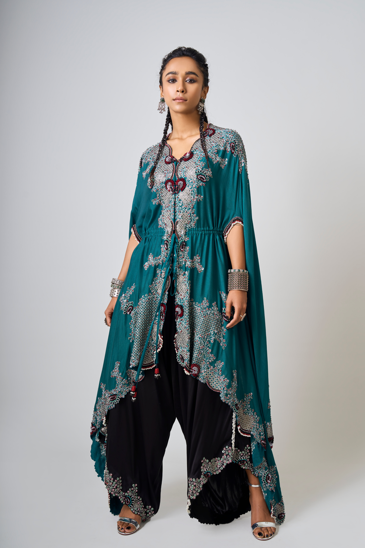 Teal Embroidered Cape With Pant