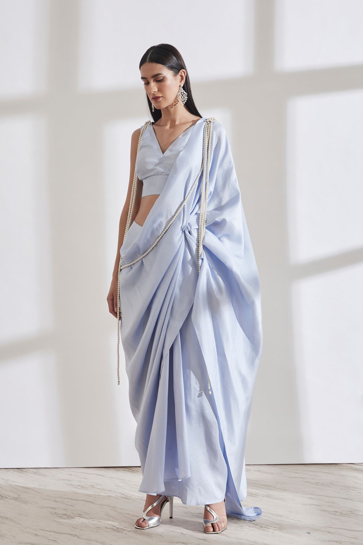 Masai Godet Blue &amp; White Sari