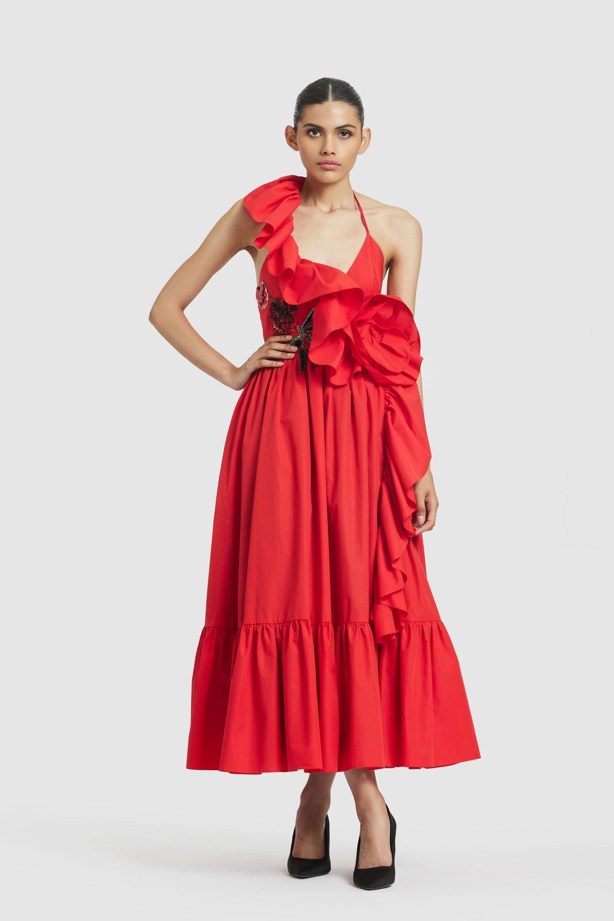 Red Ruffled Midi Dress