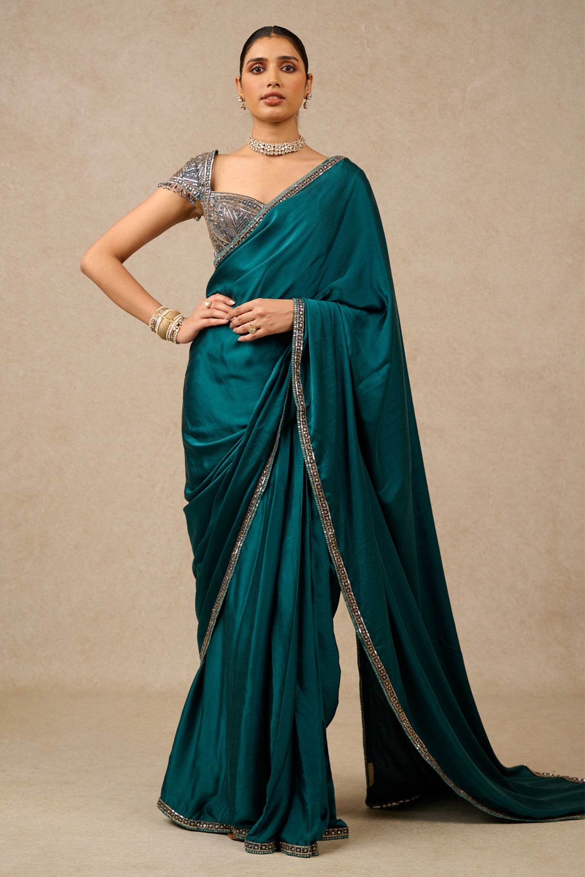 Teal Satin Saree