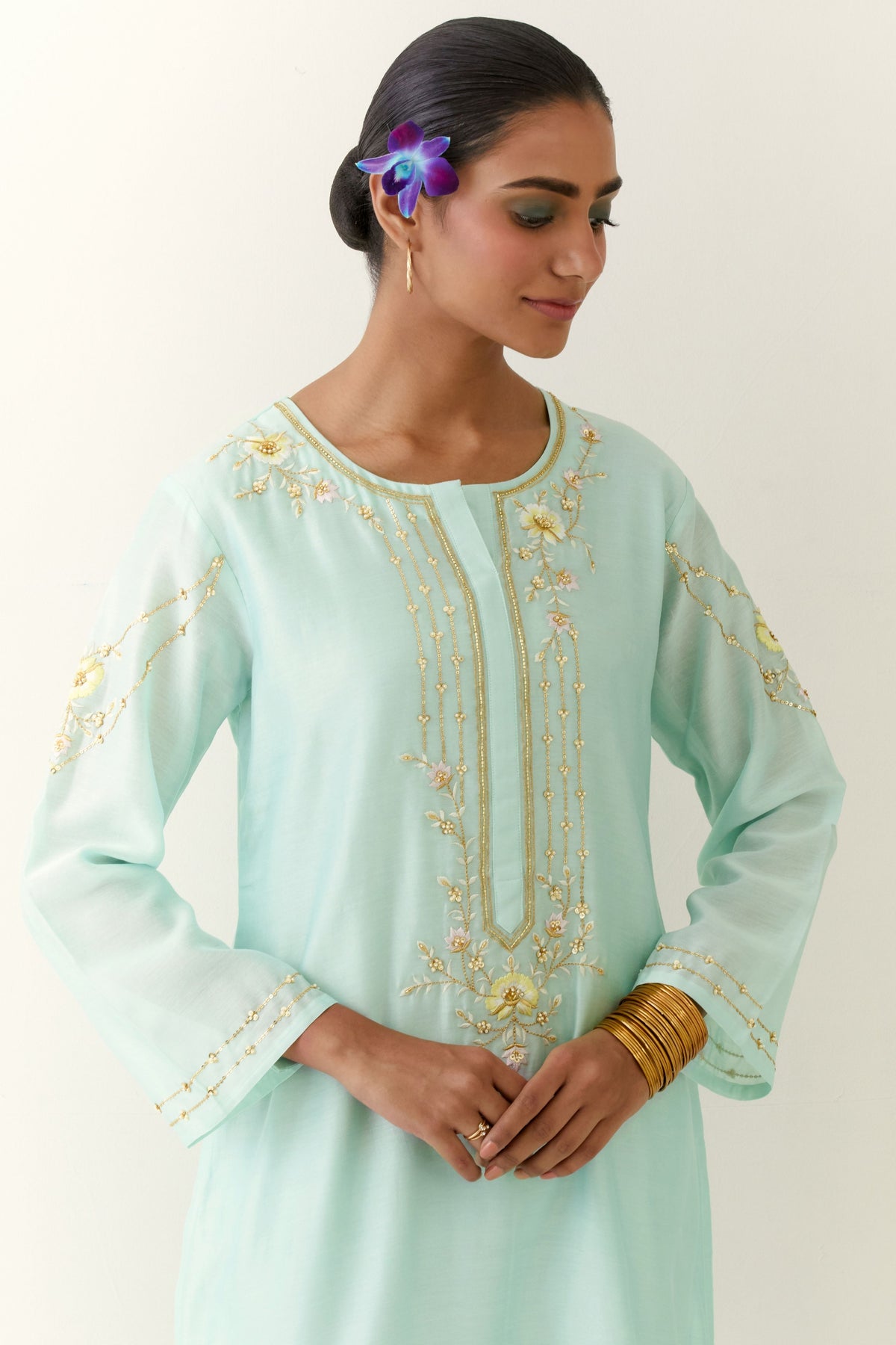 Mint Hand Embroidered Kurta Set