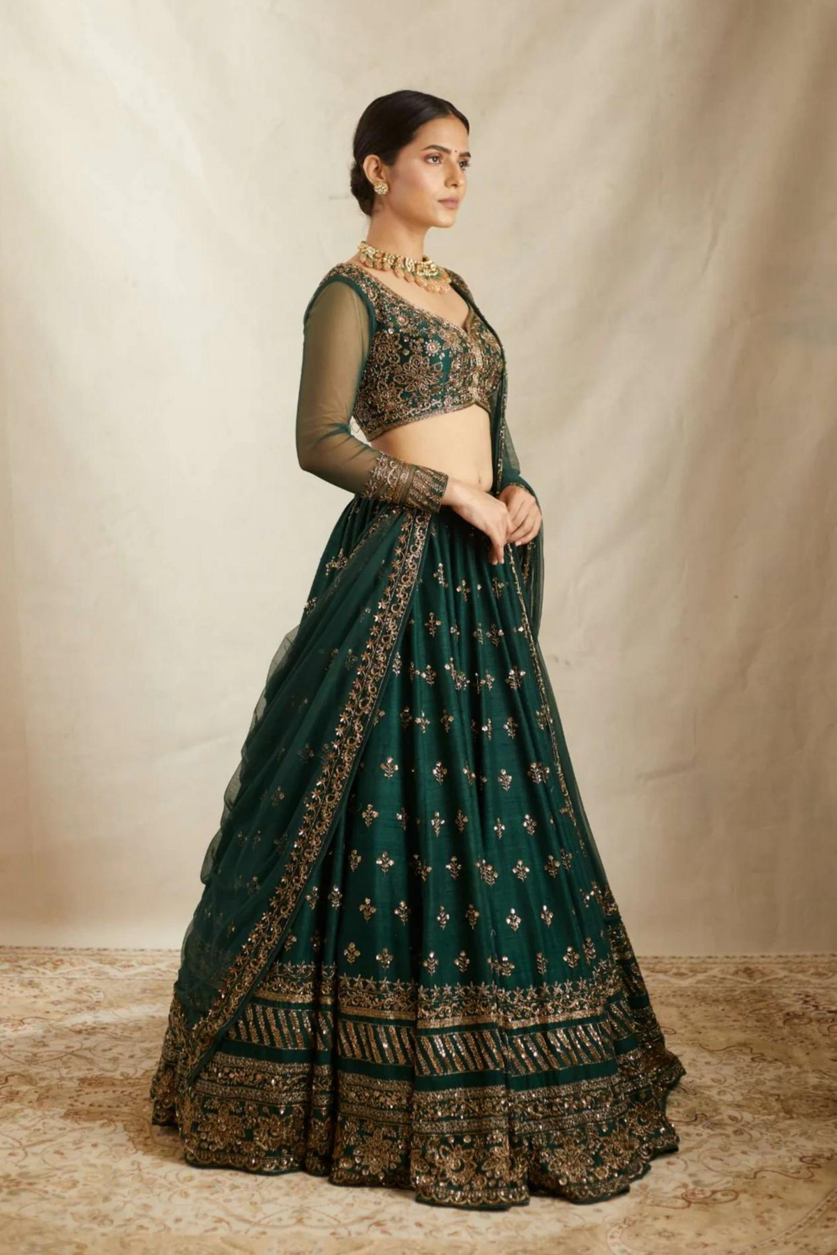 Emerald Green Raw Silk Lehenga Set