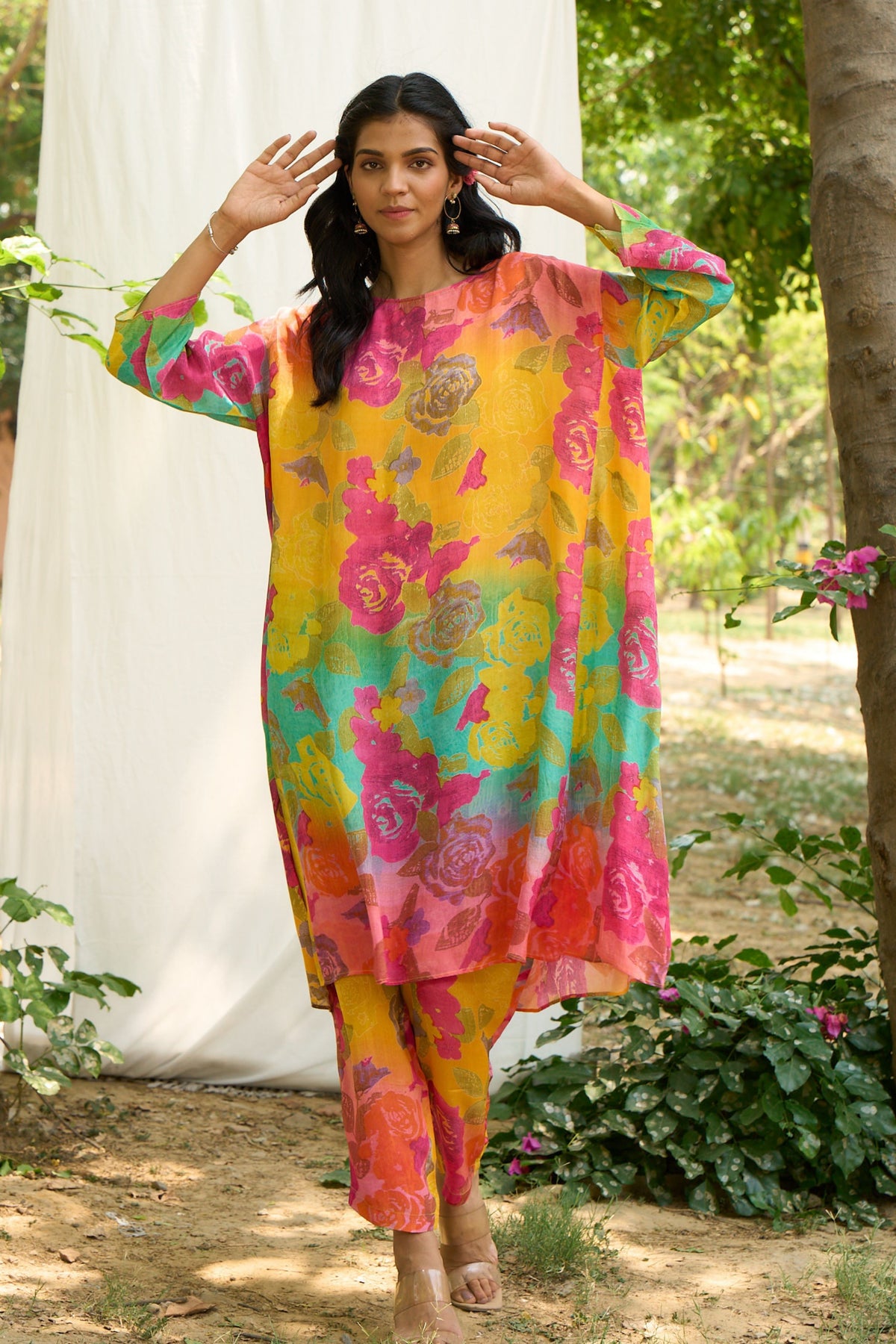 Mulitcolor Tunic Set With Floral Prints