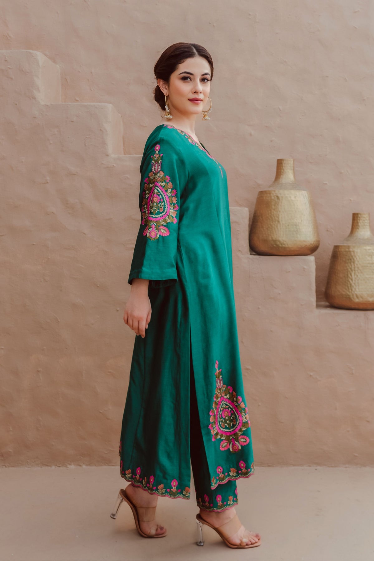 Bottle Green Embroidery Kurta Set