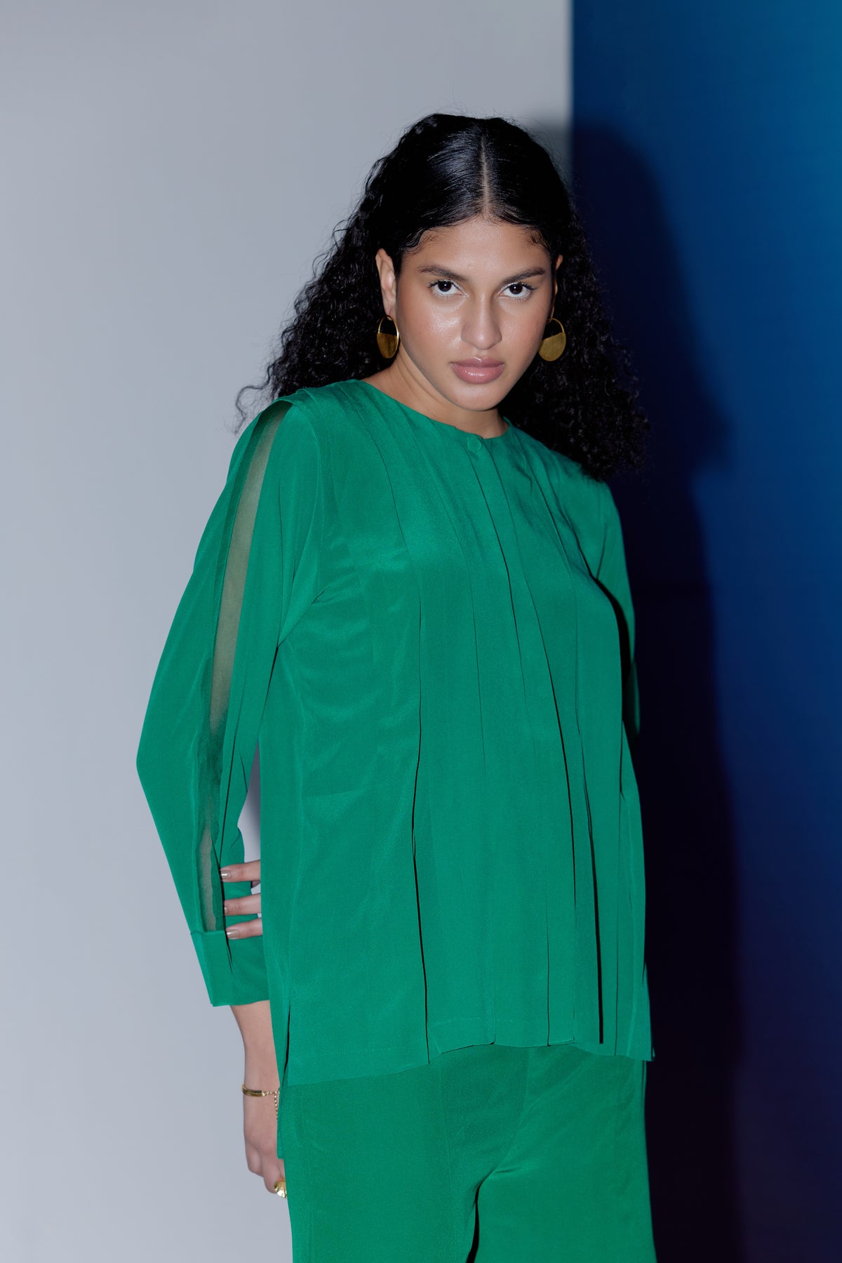 Box Pleat Top Emerald Green