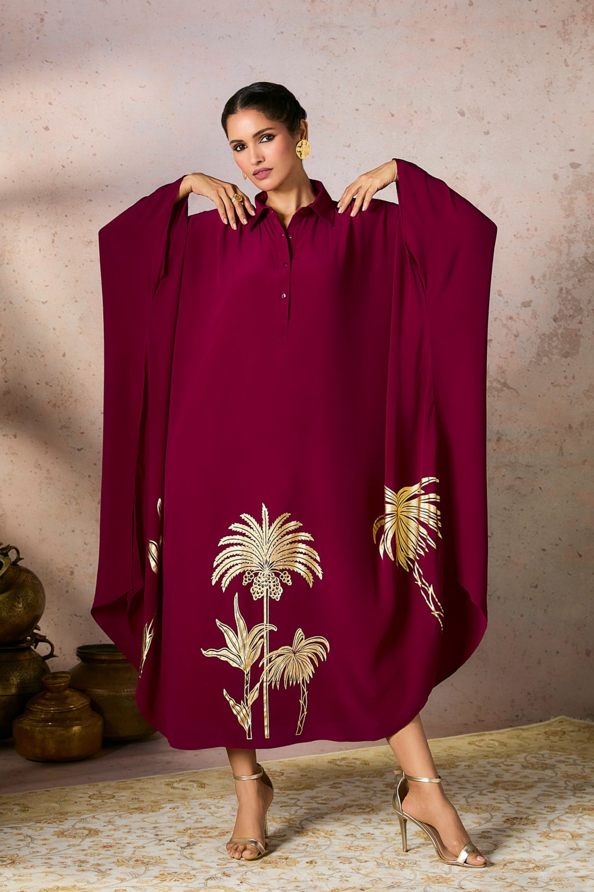 Cranberry Palm Foil Print Kaftan