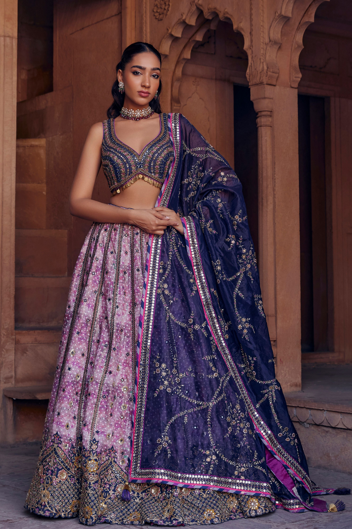 Varsha Printed Silk Lehenga With Carved Handwork