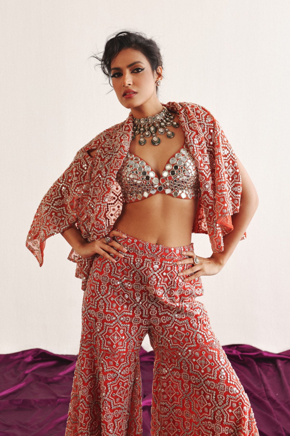 Embellished Mirrorwork Red Sharara